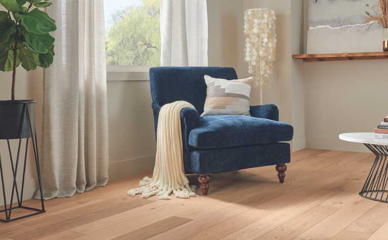 white oak flooring in hygge style living room with cozy corner